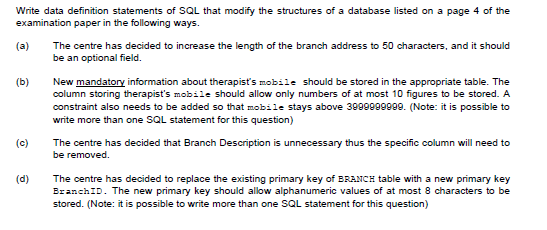 Solved CREATE TABLE BRANCH BranchName VARCHAR(10) NOT NULL, | Chegg.com