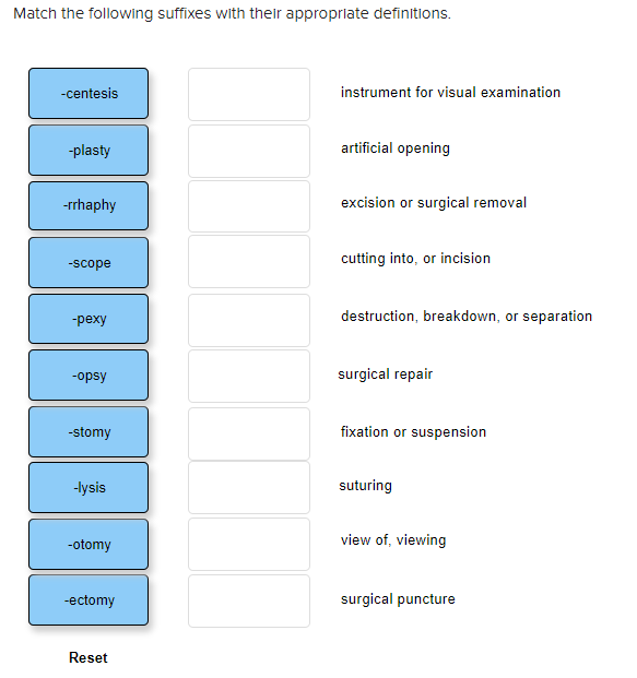 Match the following suffixes with their appropriate definitions. -centesis instrument for visual examination -plasty artifici