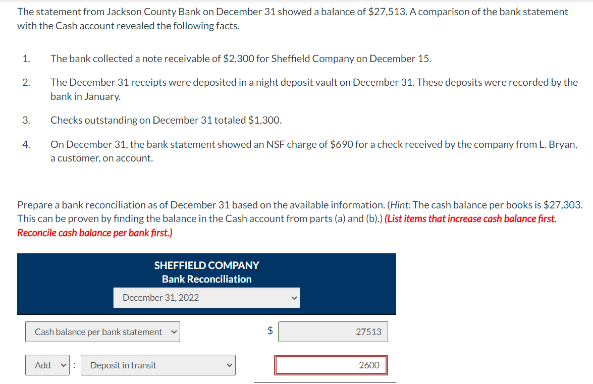Solved The statement from Jackson County Bank on December 31