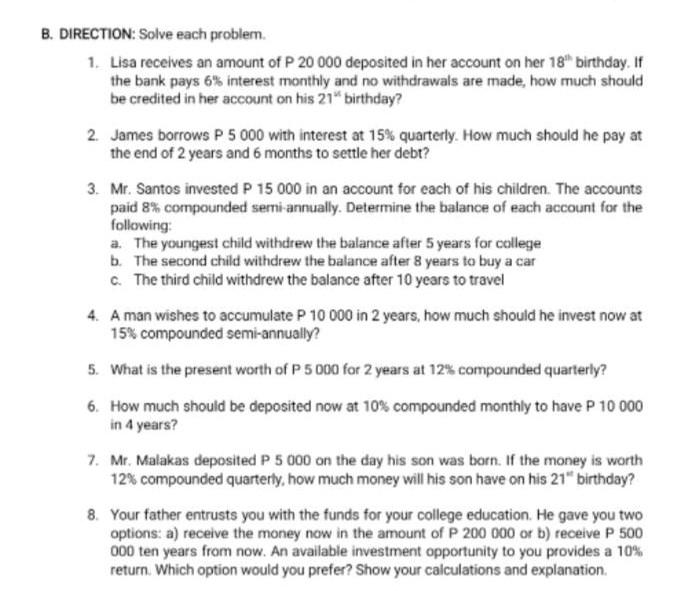 Solved B. DIRECTION: Solve Each Problem. 1. Lisa Receives An | Chegg.com