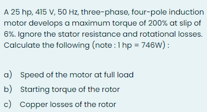 Solved A 25 hp, 415 V, 50 Hz, three-phase, four-pole | Chegg.com