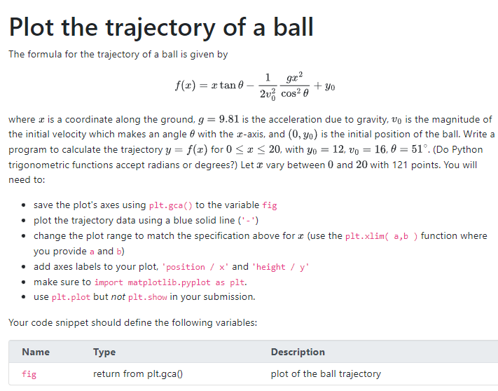 Solved Plot the trajectory of a ball The formula for the | Chegg.com