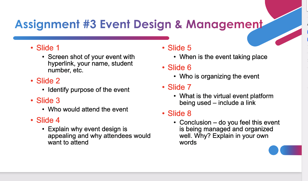 Solved Assignment #3 Event Design & Management Slide 1 | Chegg.com