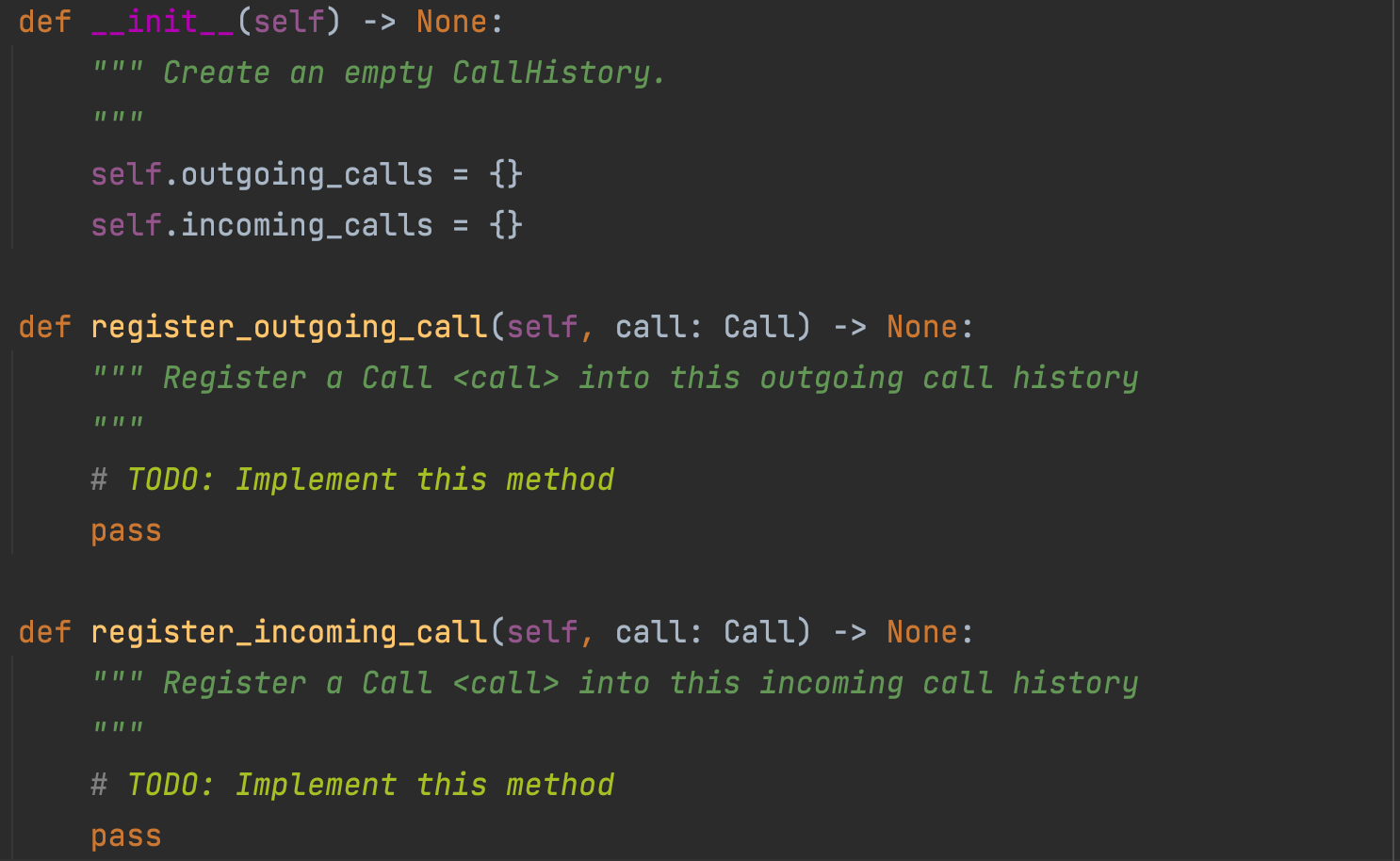 Solved class CallHistory: 