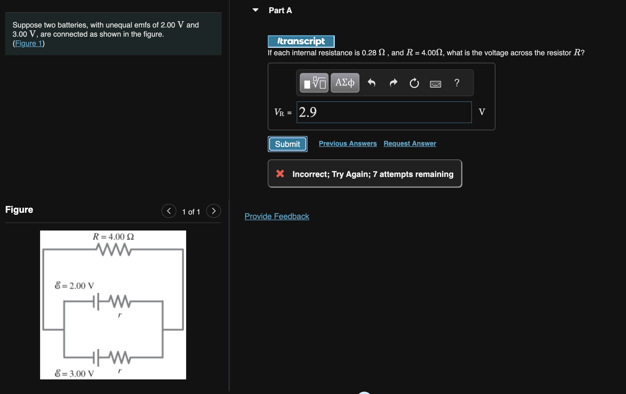 Suppose two batteries, with unequal emfs of \( 2.00 \mathrm{~V} \) and 3.00 \( \mathrm{V} \), are connected as shown in the f