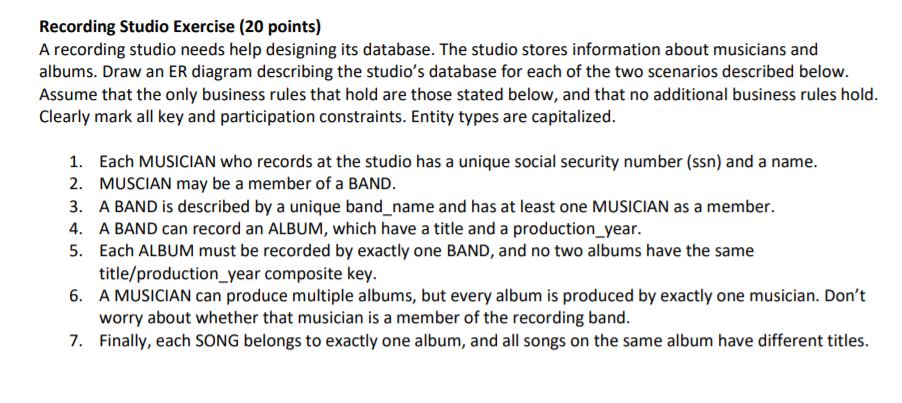 Solved Recording Studio Exercise (20 points) A recording | Chegg.com