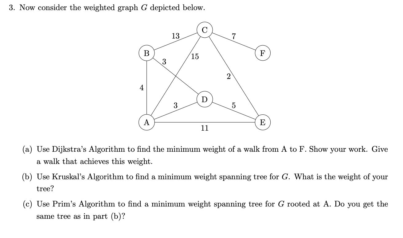 Solved 3. Now consider the weighted graph G depicted below. | Chegg.com