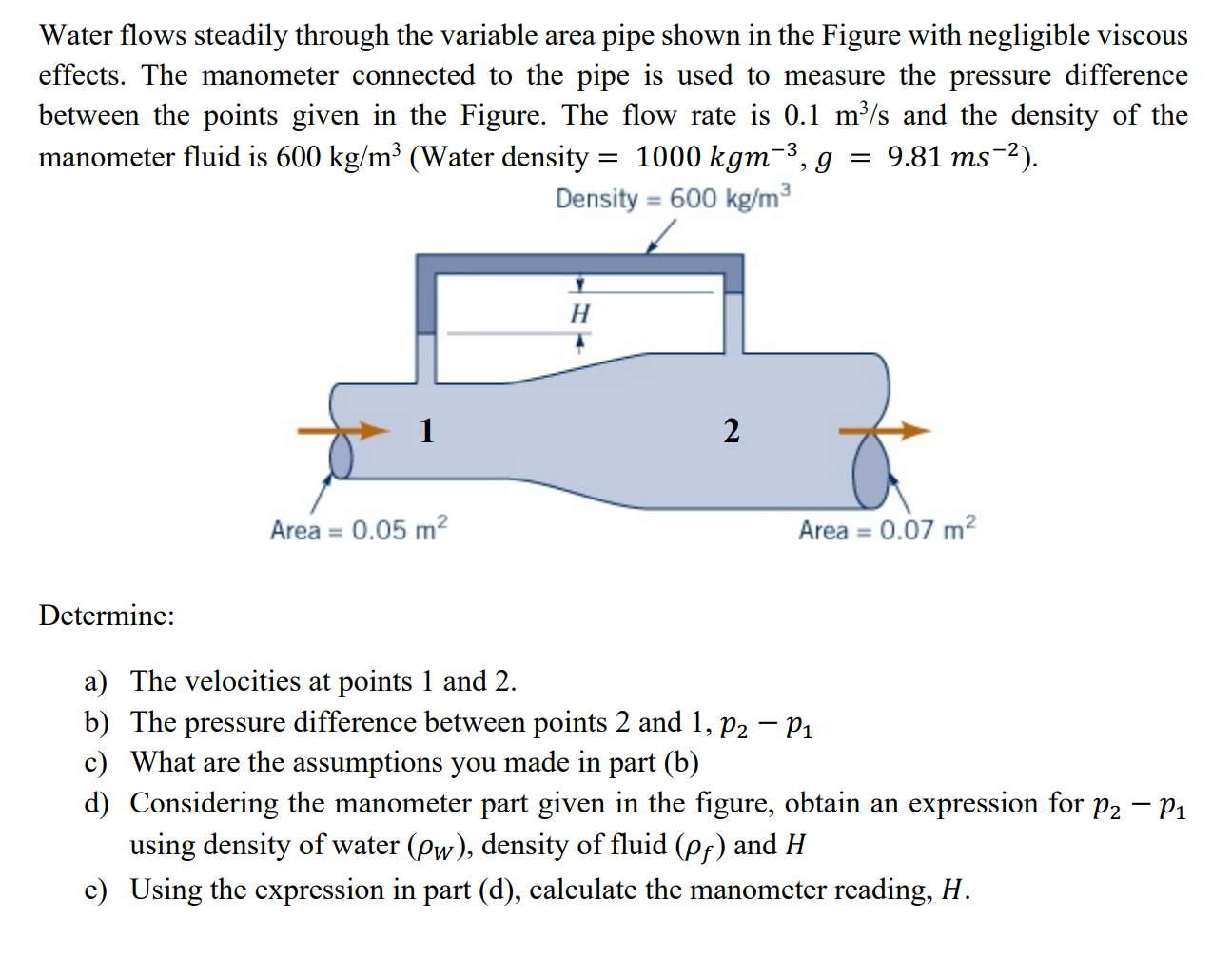 Solved Water Flows Steadily Through The Variable Area Pipe | Chegg.com