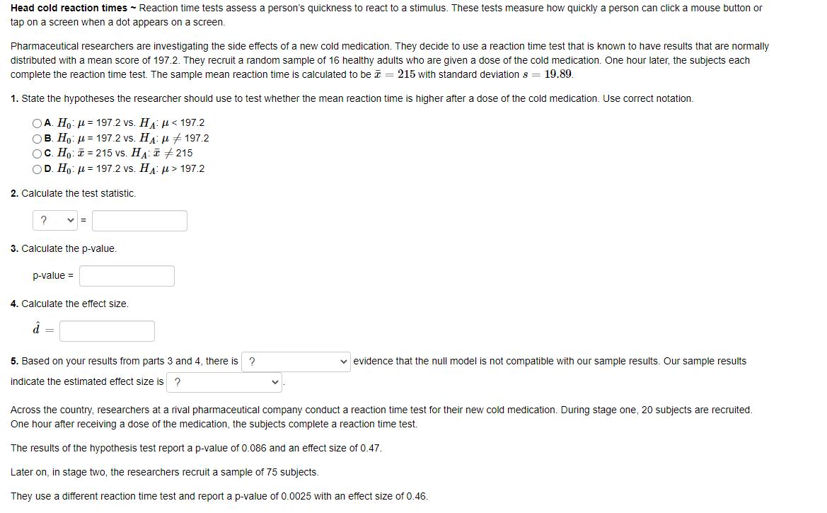Solved Head cold reaction times Reaction time tests assess