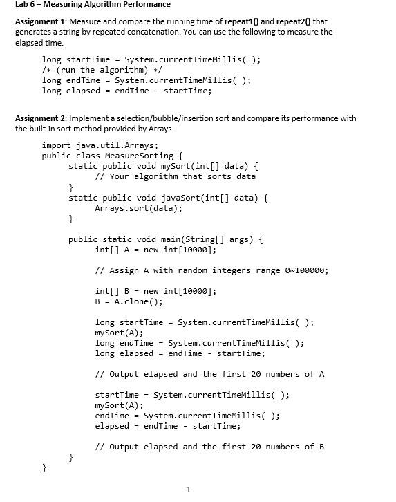 Solved Lab 6-Measuring Algorithm Performance Assignment 1: | Chegg.com