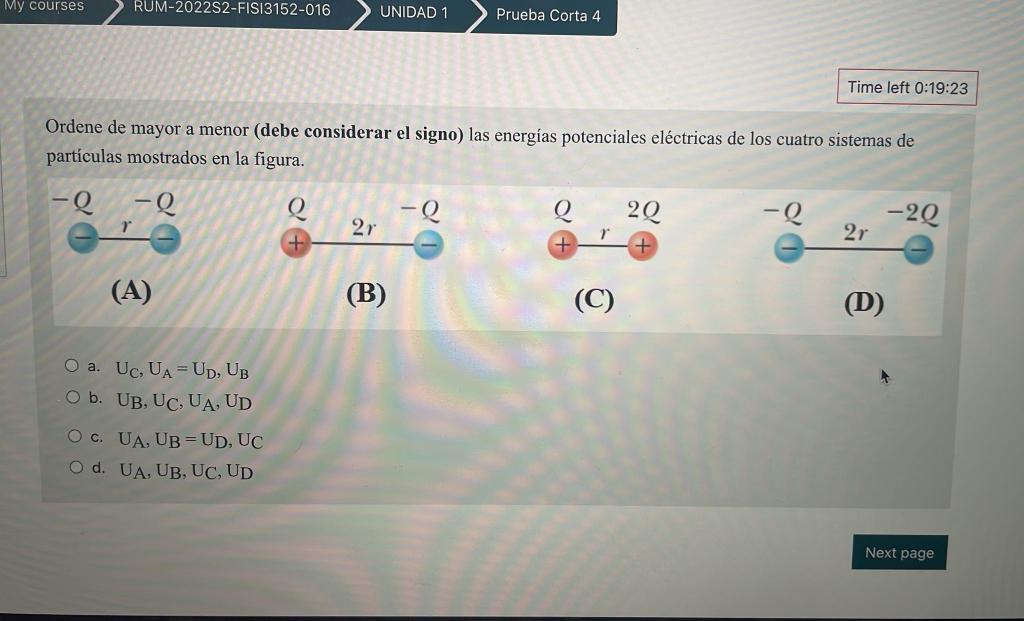 Ordene de mayor a menor (debe considerar el signo) las energías potenciales eléctricas de los cuatro sistemas de partículas m