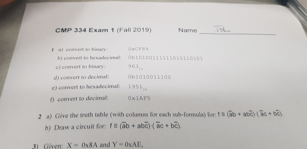 CMP T Convert 1 Solved: ... Exam 334 Joh 2019) A) Name (Fall 1