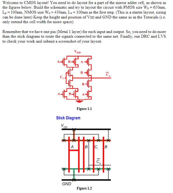 Welcome to CMOS layout! You need to do layout for a part of the mirror adder cell, as shown in
the figures below. Build the s