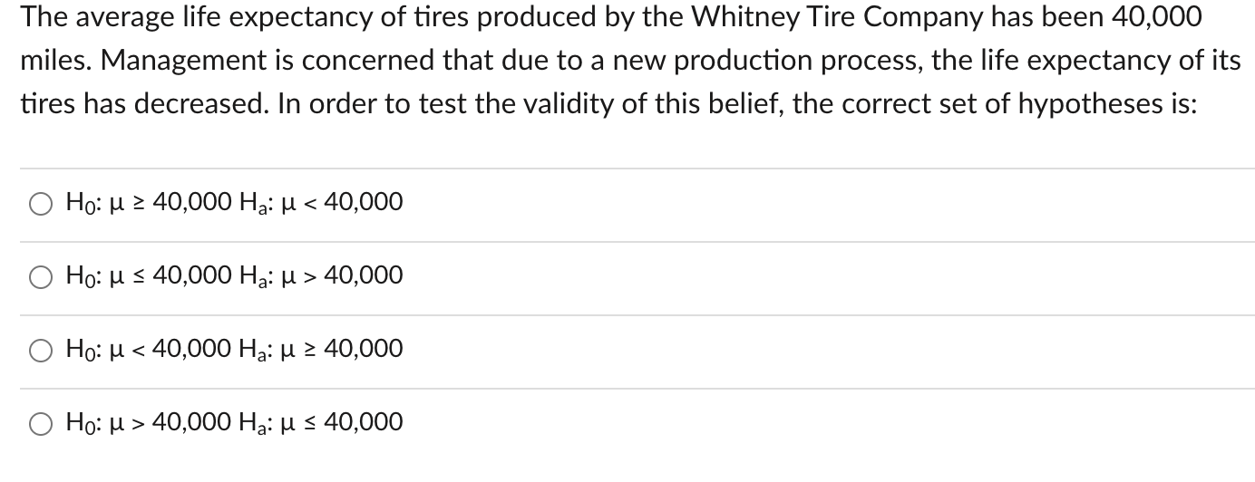 Solved The average life expectancy of tires produced by the