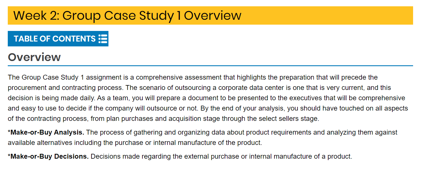 Week 2: Group Case Study 1 Overview TABLE OF CONTENTS | Chegg.com