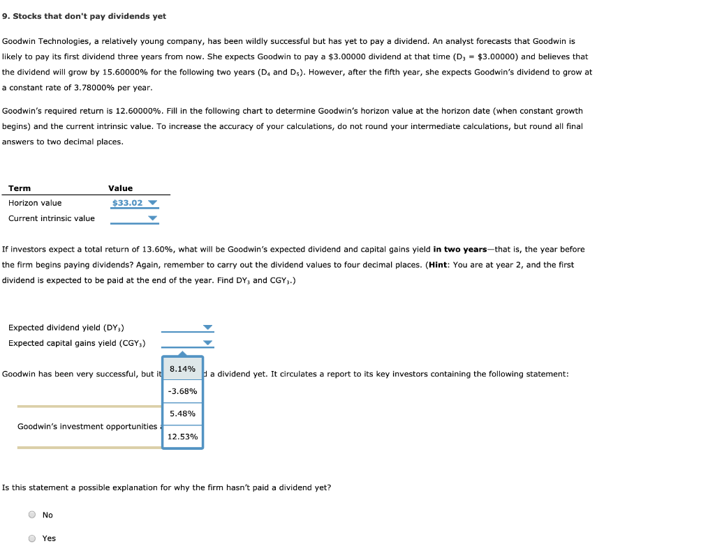 Solved 9. Stocks that don't pay dividends yet Goodwin | Chegg.com