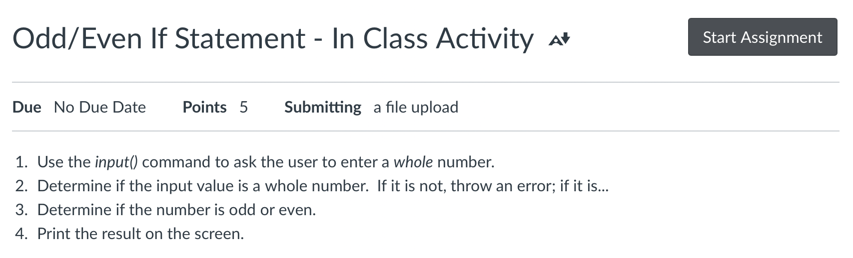 Solved Odd/Even If Statement - In Class Activity # Due No | Chegg.com
