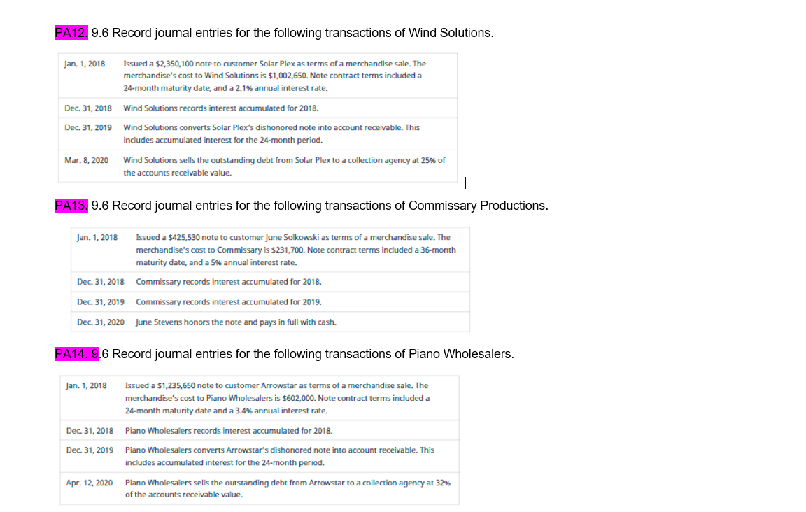 Solved PA12. 9.6 Record journal entries for the following | Chegg.com