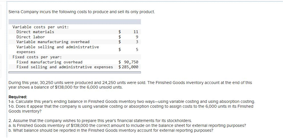 solved-sierra-company-incurs-the-following-costs-to-produce-chegg