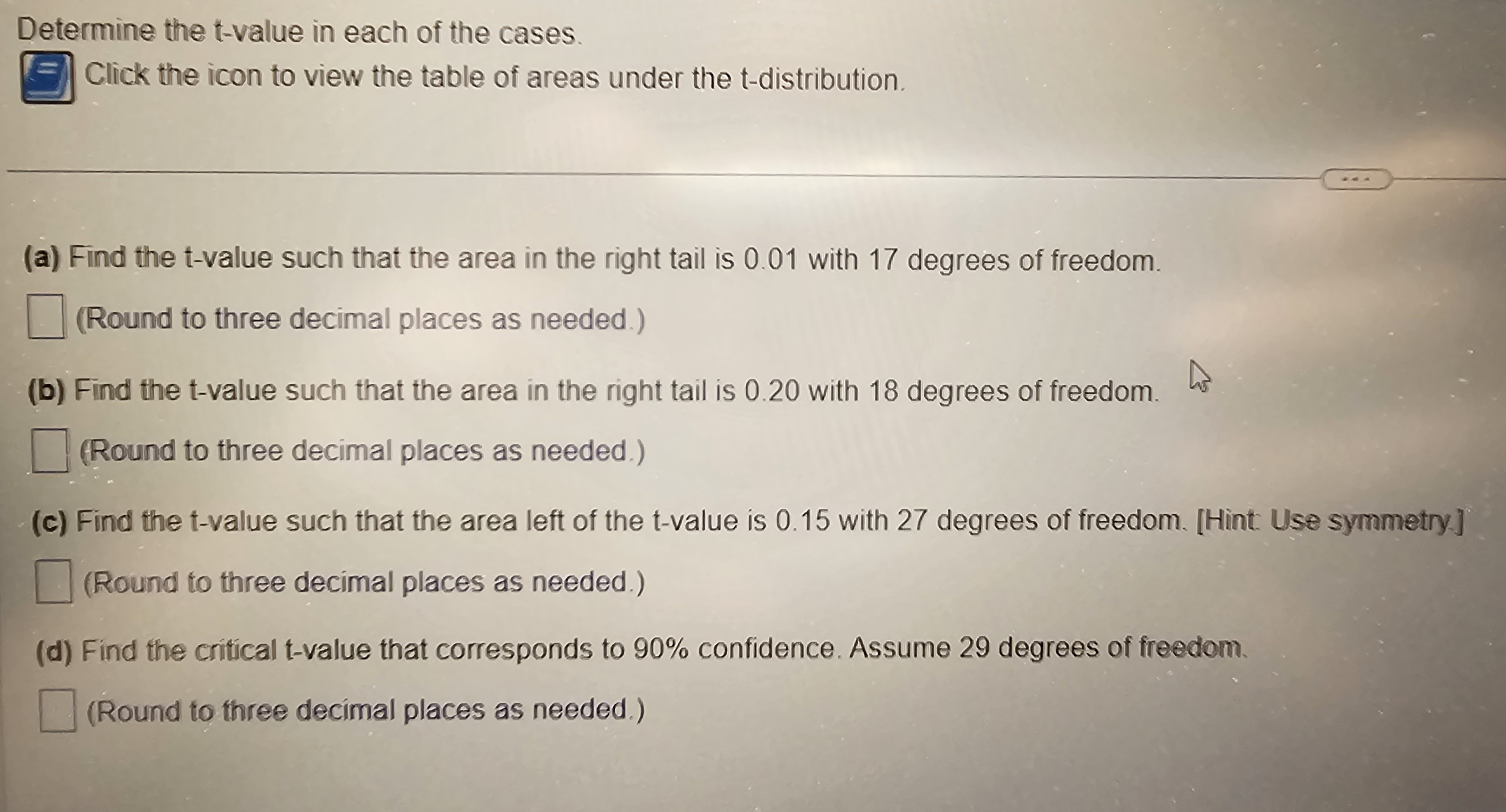  solved table of t distribution areas table of t distrib