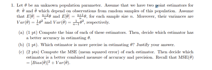 Solved n+ -- 1. Let 6 be an unknown population parameter. | Chegg.com