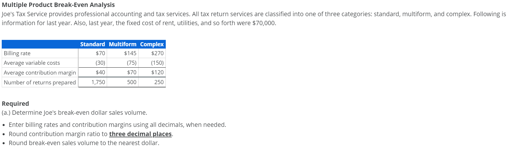 multiple-product-break-even-analysis-joe-s-tax-chegg