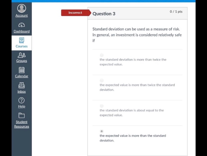 Solved Incorrect Question 3 0/1 pts Standard deviation can | Chegg.com