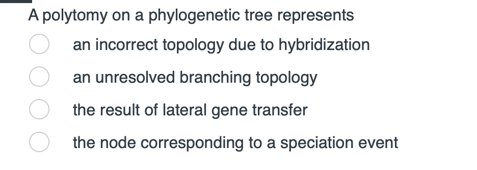 A polytomy on a phylogenetic tree represents an incorrect topology due to hybridization an unresolved branching topology the 