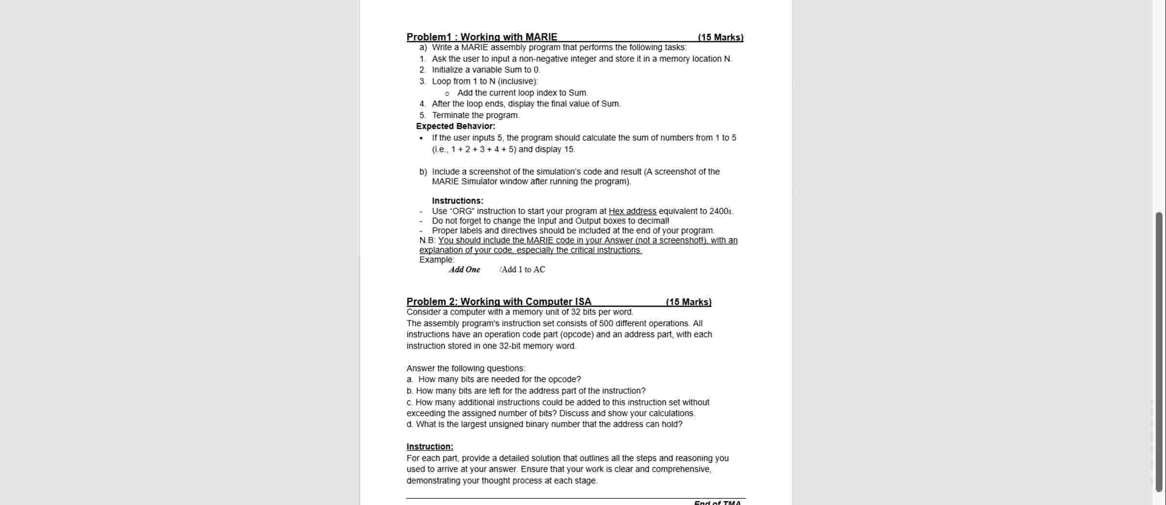 Solved Q1a) ﻿Write a MARIE assembly program that performs | Chegg.com