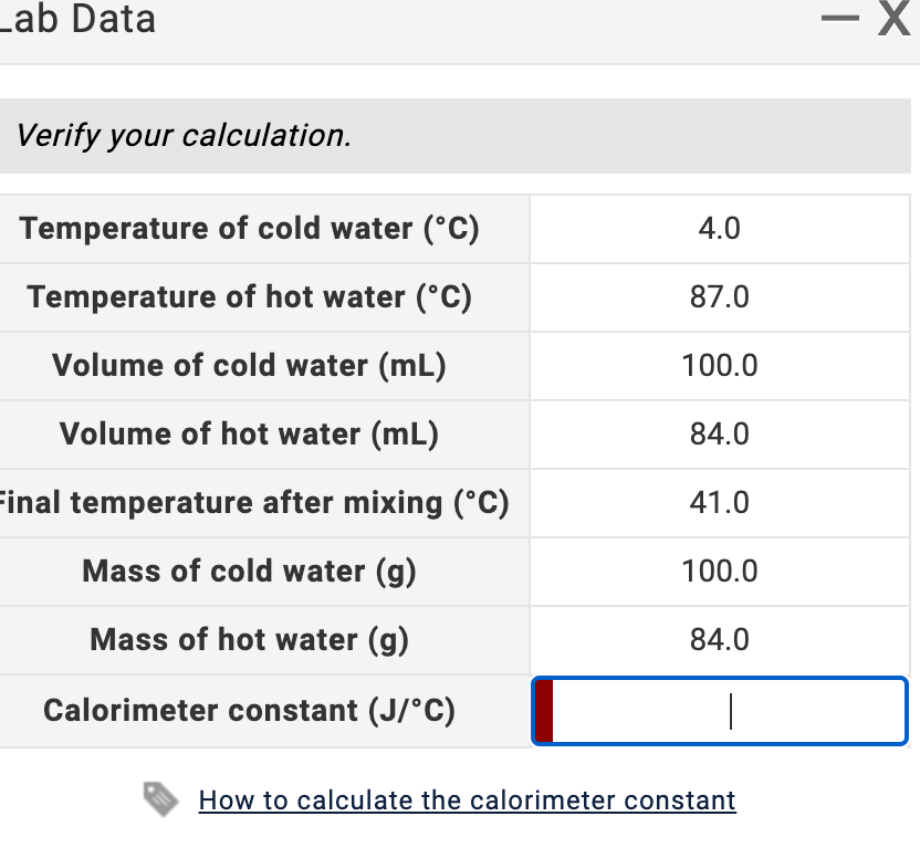 Solved Lab Data Verify your calculation. Temperature of cold | Chegg.com