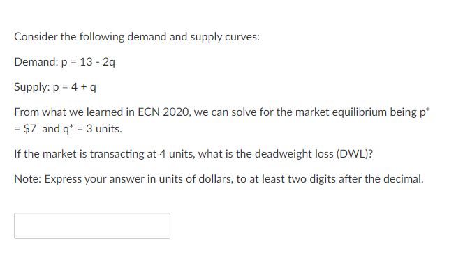 Solved Consider the following demand and supply curves: | Chegg.com