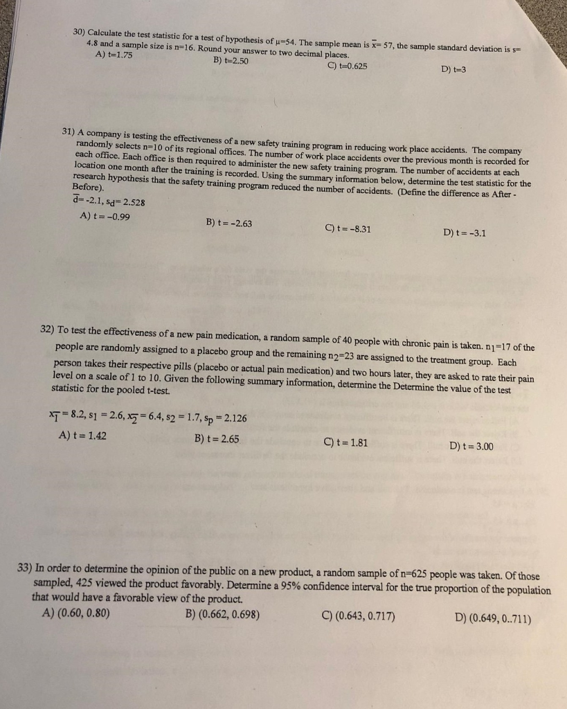 Solved 30) Calculate the test statistic for a test of | Chegg.com
