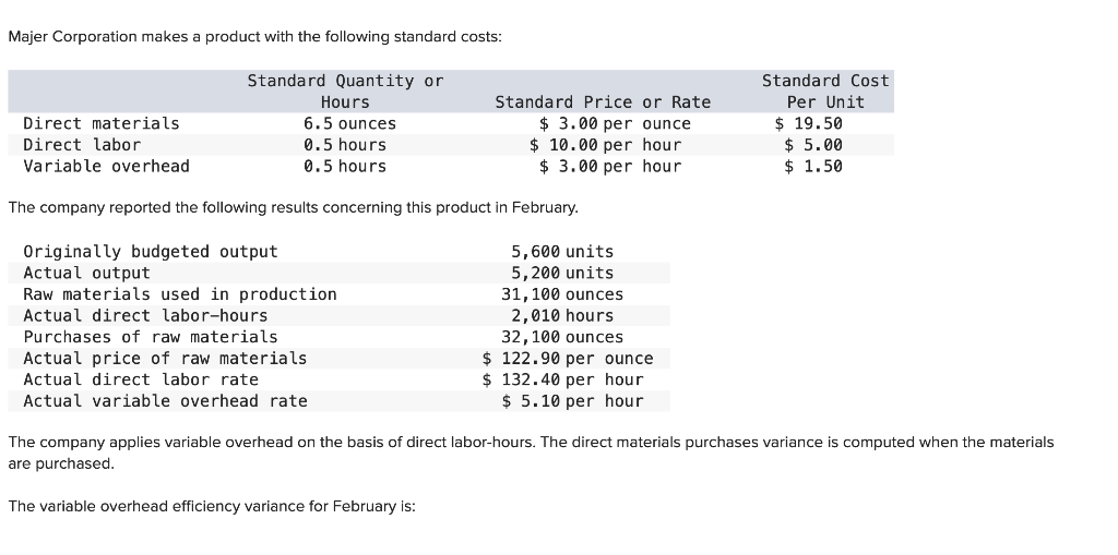 Solved Majer Corporation makes a product with the following | Chegg.com