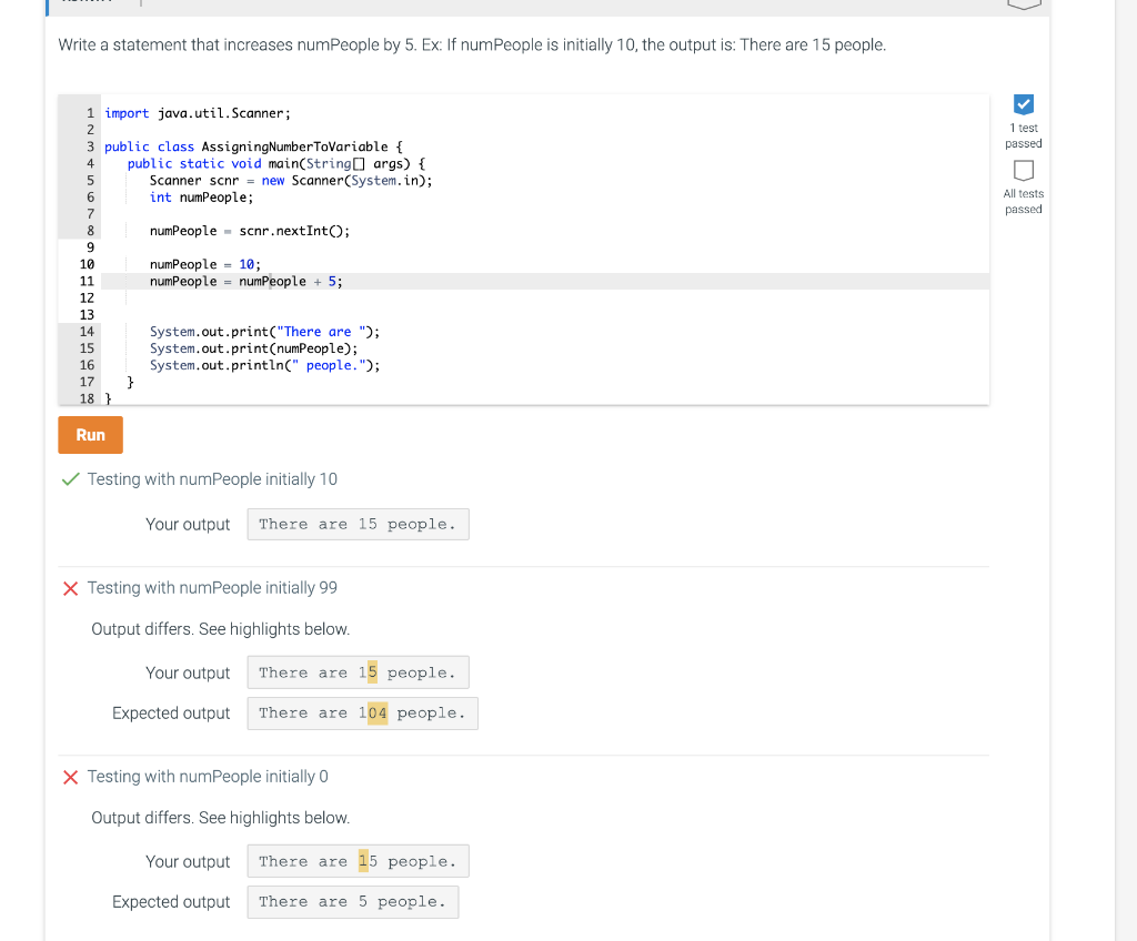 Solved Write a statement that increases numPeople by 5. Ex: | Chegg.com