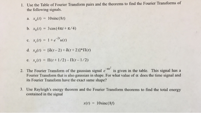 Solved Use the Table of Fourier Transform pairs and the | Chegg.com
