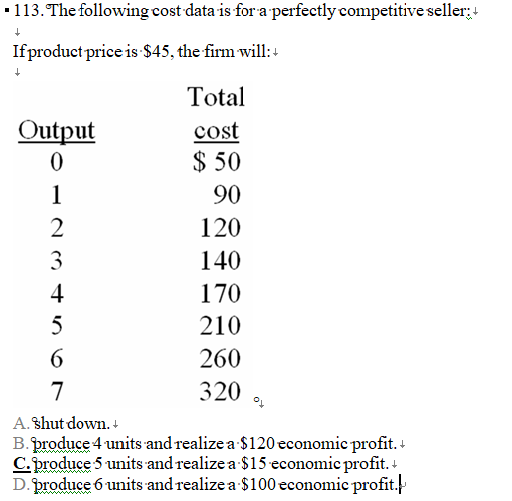Solved 113. The following cost data is for a perfectly | Chegg.com