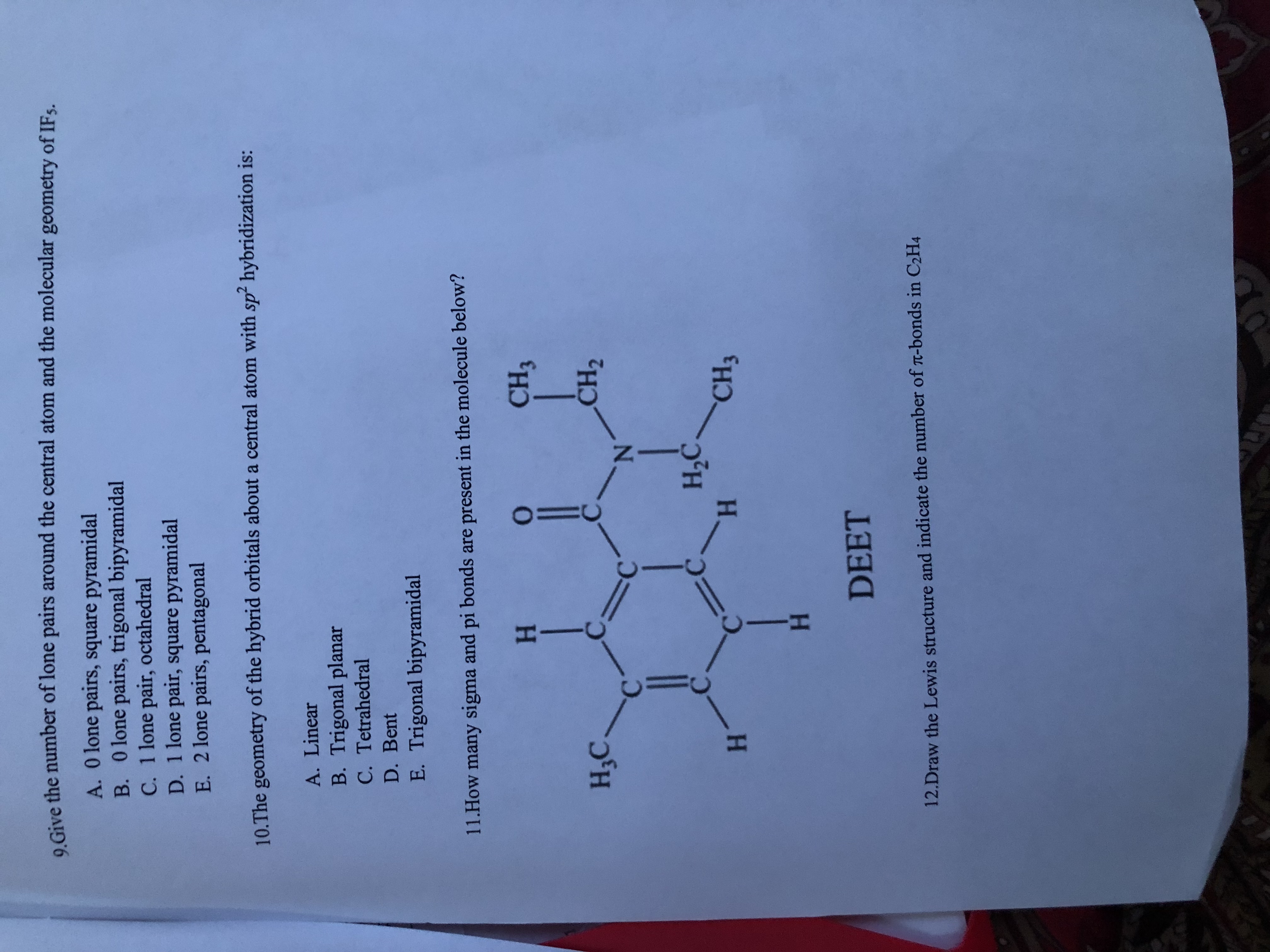 Solved 9. Give the number of lone pairs around the central Chegg