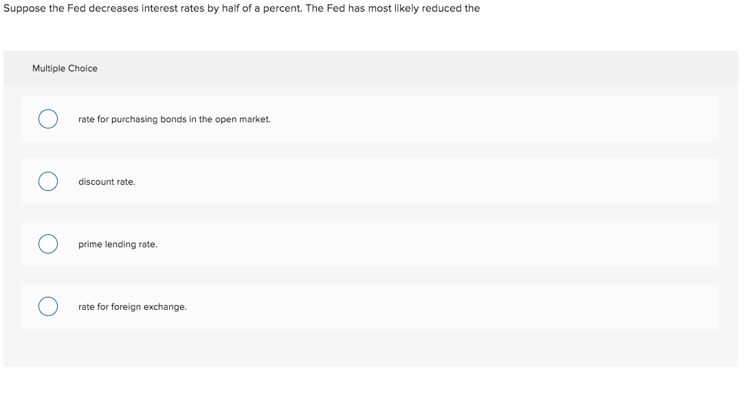 Solved Suppose the Fed decreases interest rates by half of a | Chegg.com