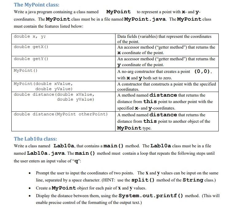 Solved The MyPoint class: Write a java program containing a | Chegg.com