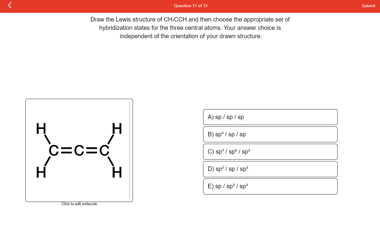 Solved Draw the Lewis structure of CH3CCH and then choose | Chegg.com