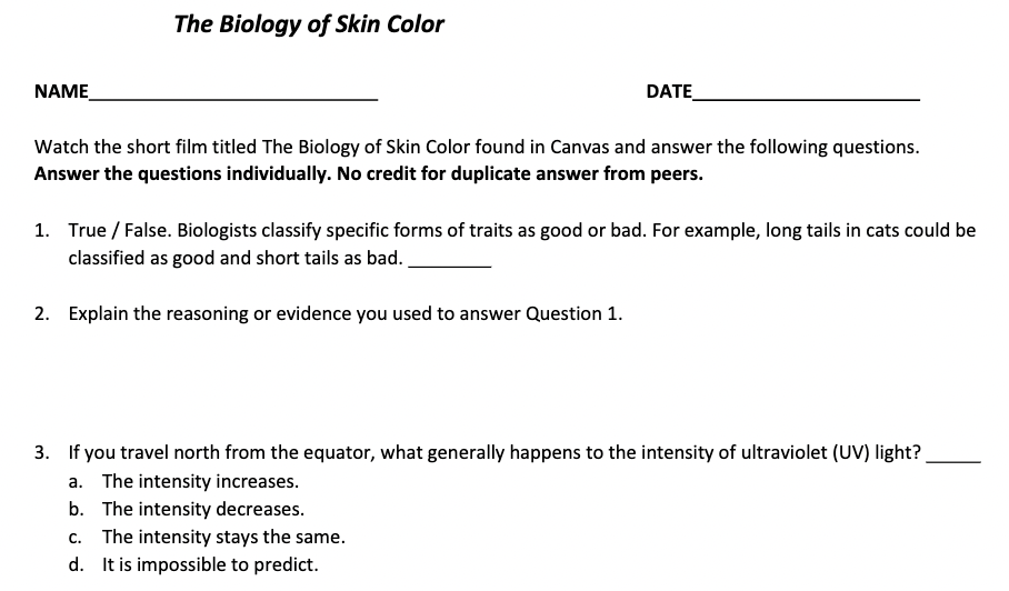 Solved The Biology of Skin Color NAME DATE Watch the short | Chegg.com