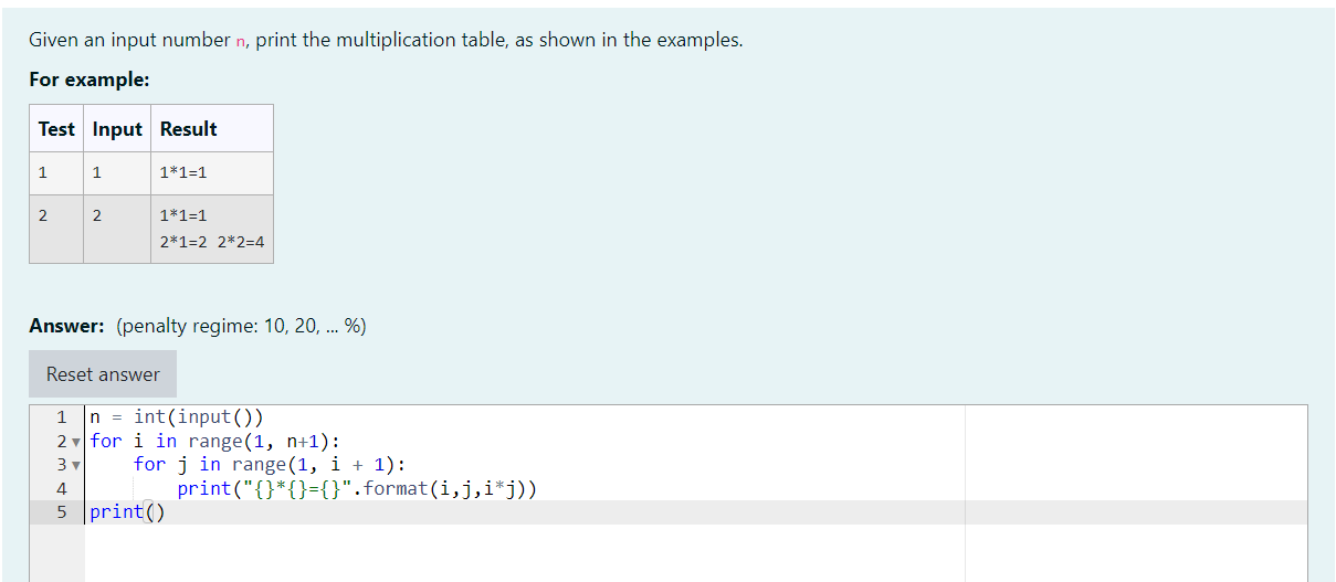 Given an input number \( n \), print the multiplication table, as shown in the examples.
For example:
Answer: (penalty regime