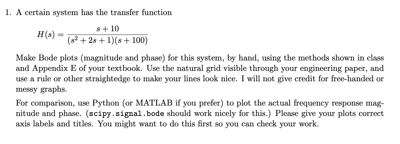 Solved 1. A certain system has the transfer function | Chegg.com