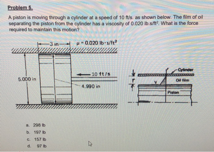 Solved Problem 5. A piston is moving through a cylinder at a | Chegg.com