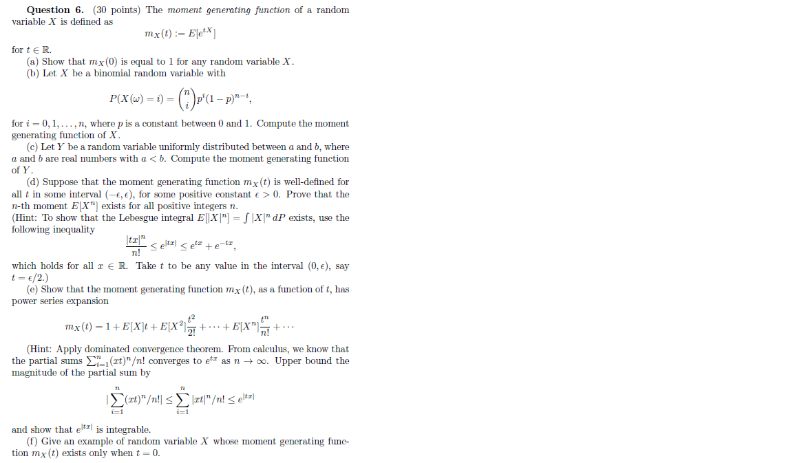 Question 6 30 Points The Moment Generating Func Chegg Com