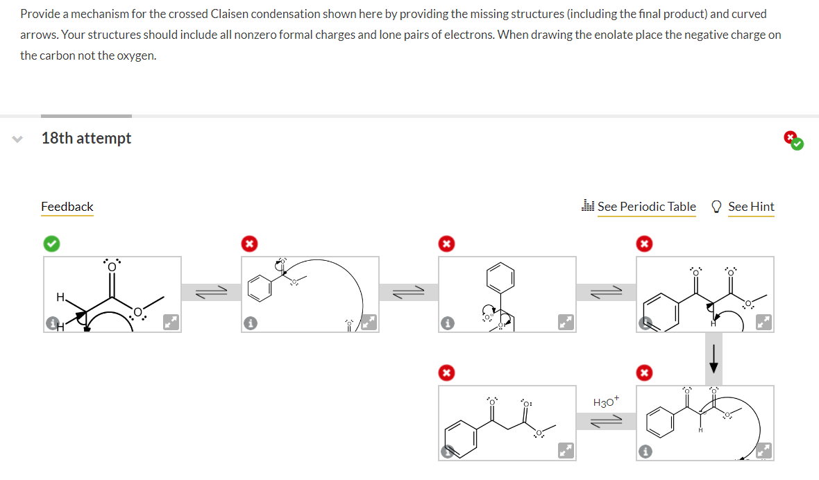 Provide a mechanism for the crossed Claisen condensation shown here by providing the missing structures (including the final 