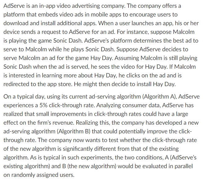 Solved AdServe is an in-app video advertising company. The | Chegg.com