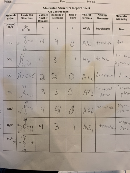 Solved Sec. No. Date: Name: Molecular Structure Report Sheet | Chegg.com