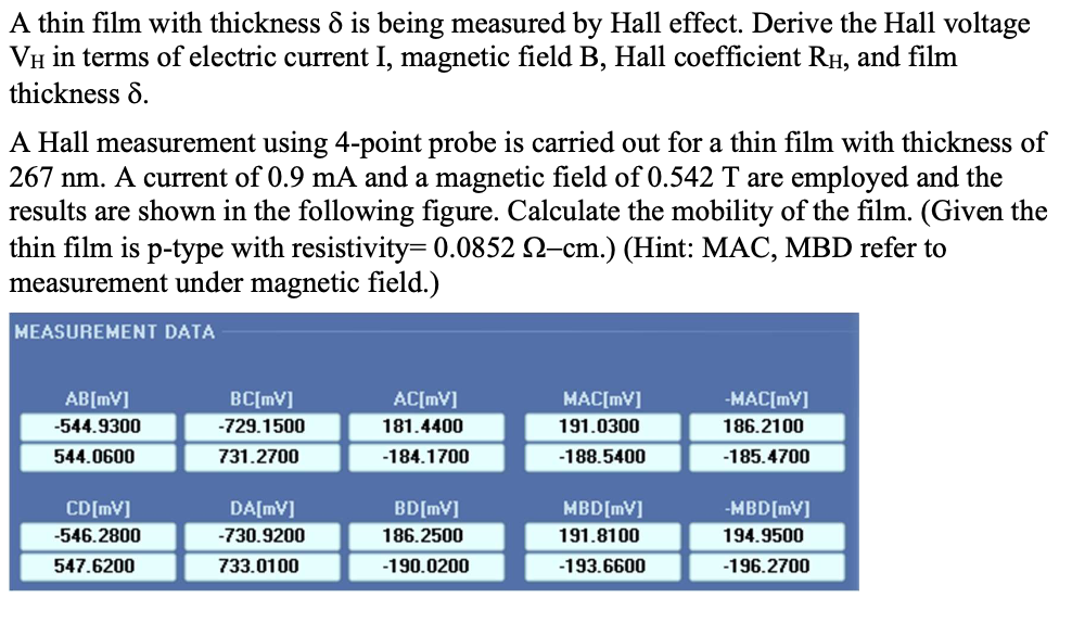 A thin film with thickness is being measured by Hall | Chegg.com