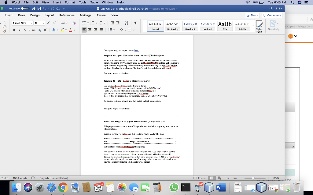 Tue 6:43 PM Q OE • Word File Edit View Insert Format Tools Table Window Help 20%D AutoSave 5 Lab 08 Get Methodical Fall 2019-